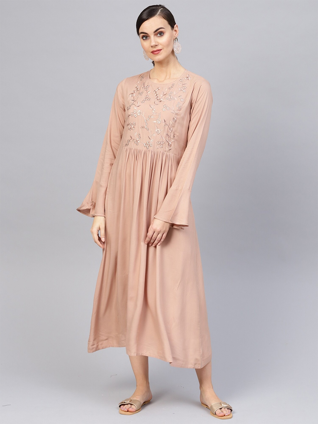 

Indo Era Women Tan Floral Embroidered Round Neck Maxi Dress