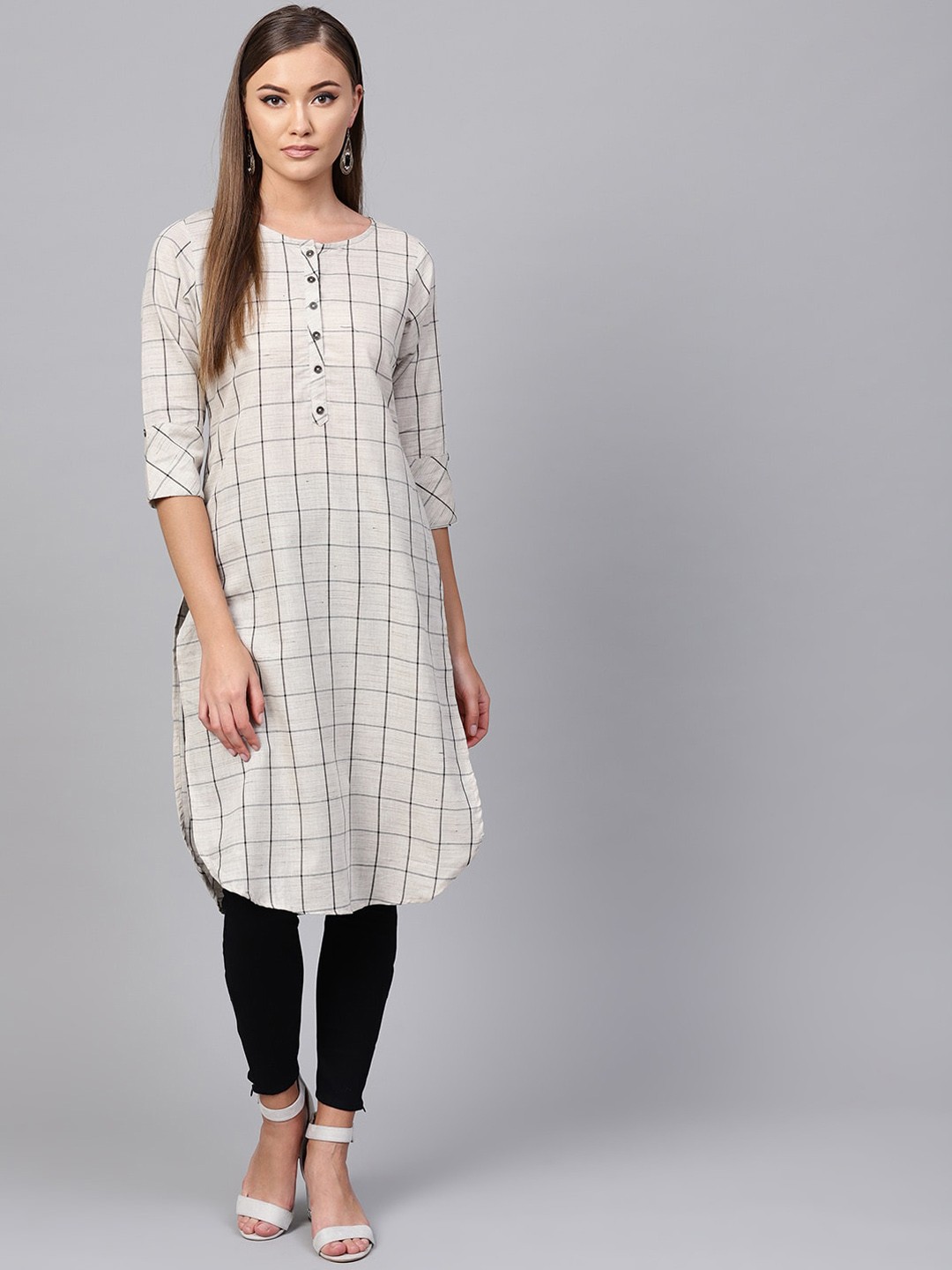 

Indo Era Women Beige & Black Checked Round Neck Cotton Kurta
