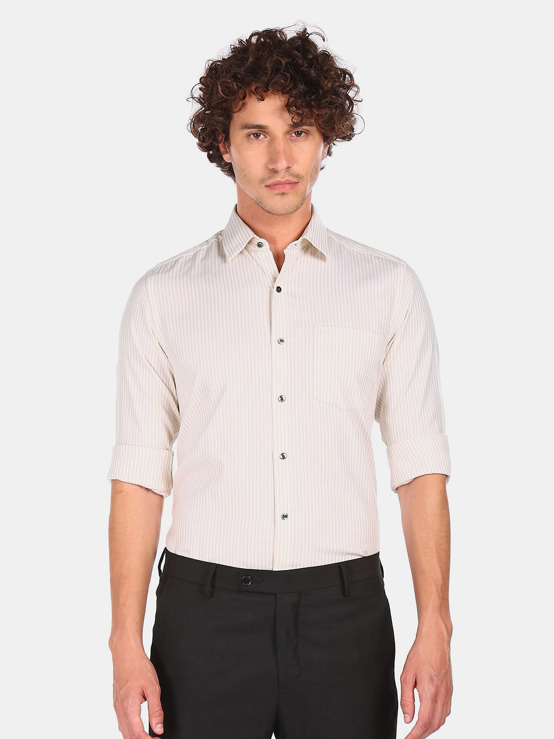 

Arrow Men Beige Striped Regular Fit Pure Cotton Formal Shirt