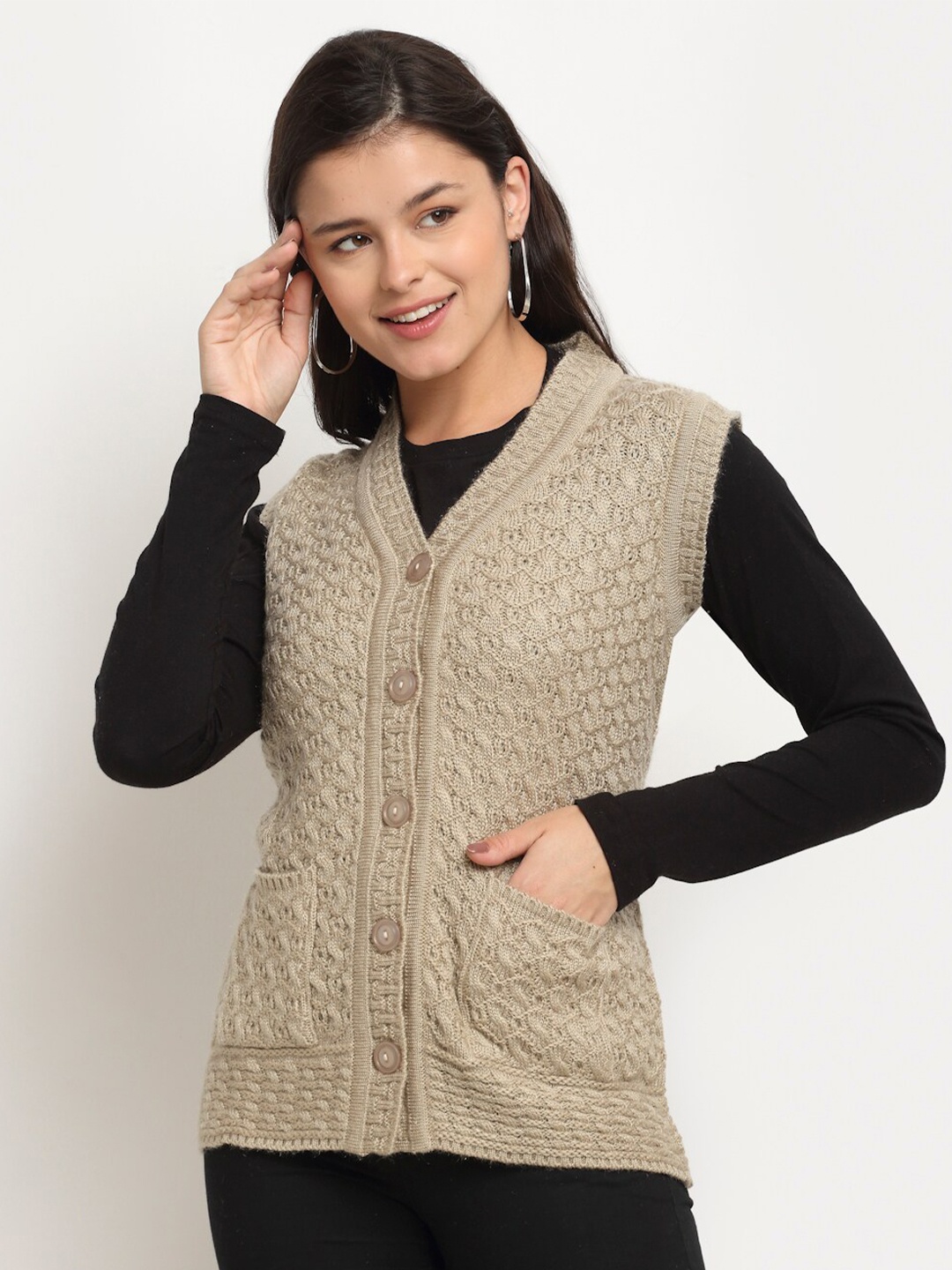 

PERFECT LINE Women Beige Cable Knit Sleeveless Cardigan