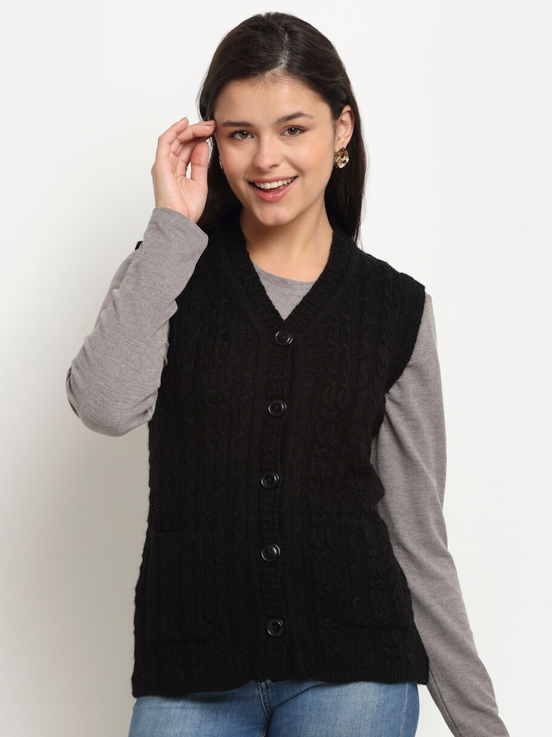 

PERFECT LINE Women Black Self Design Acrylic Sweater Vest