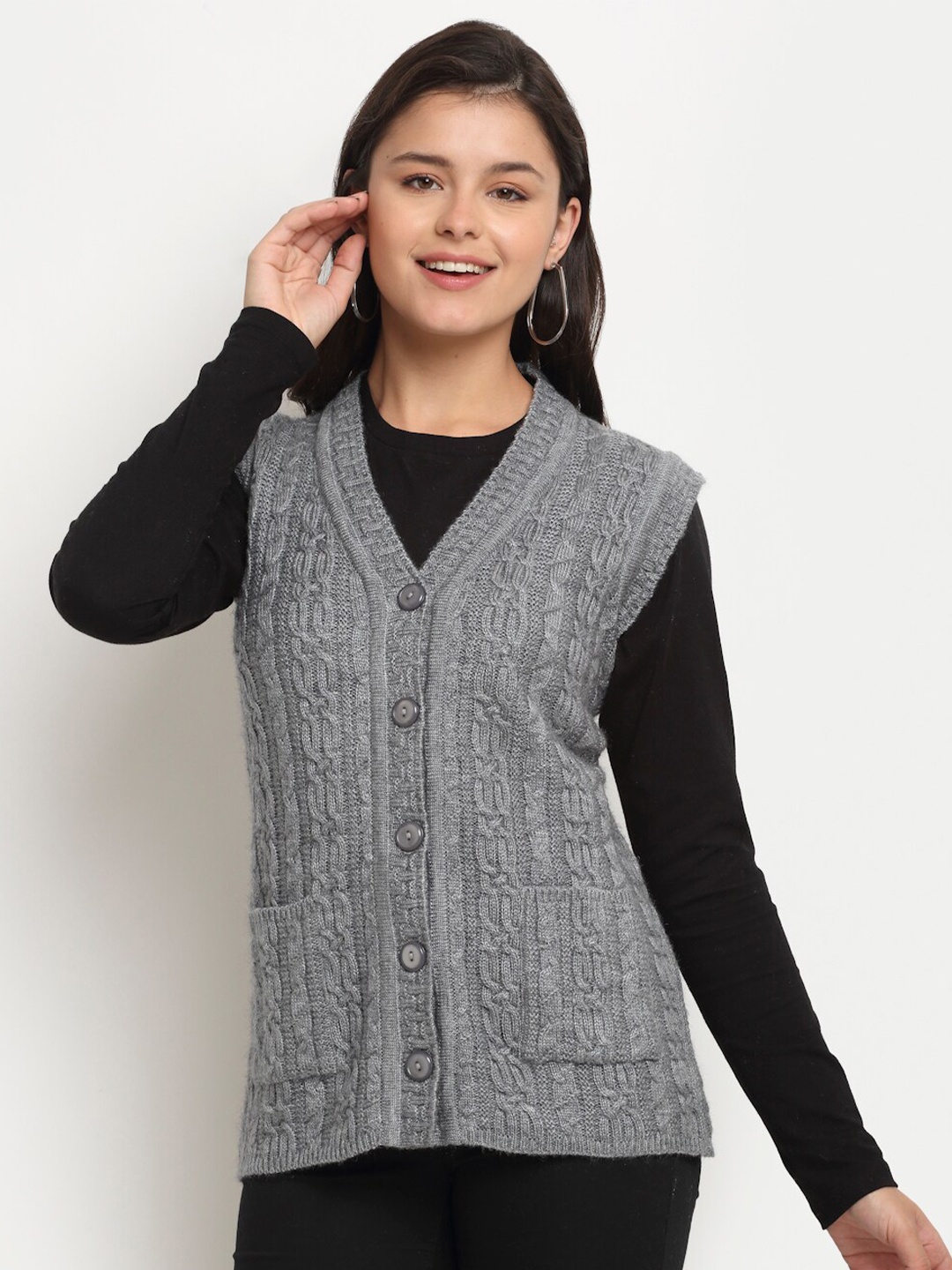

PERFECT LINE Women Grey Cable Knit Acrylic Sweater Vest