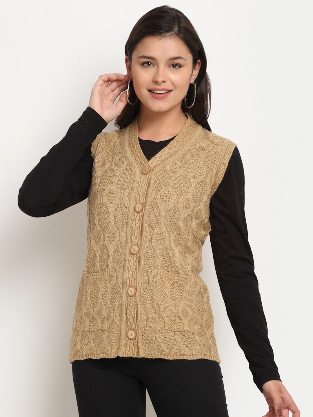 

PERFECT LINE Women Brown Self Design Acrylic Sweater Vest