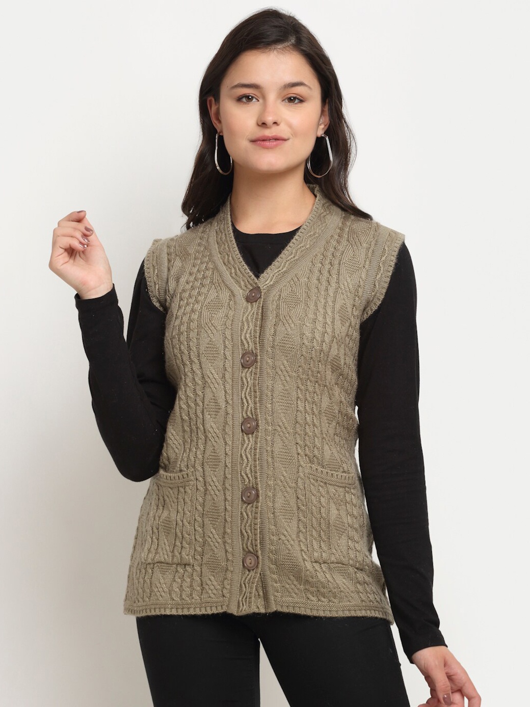 

PERFECT LINE Women Beige Cable Knit Acrylic Sweater Vest