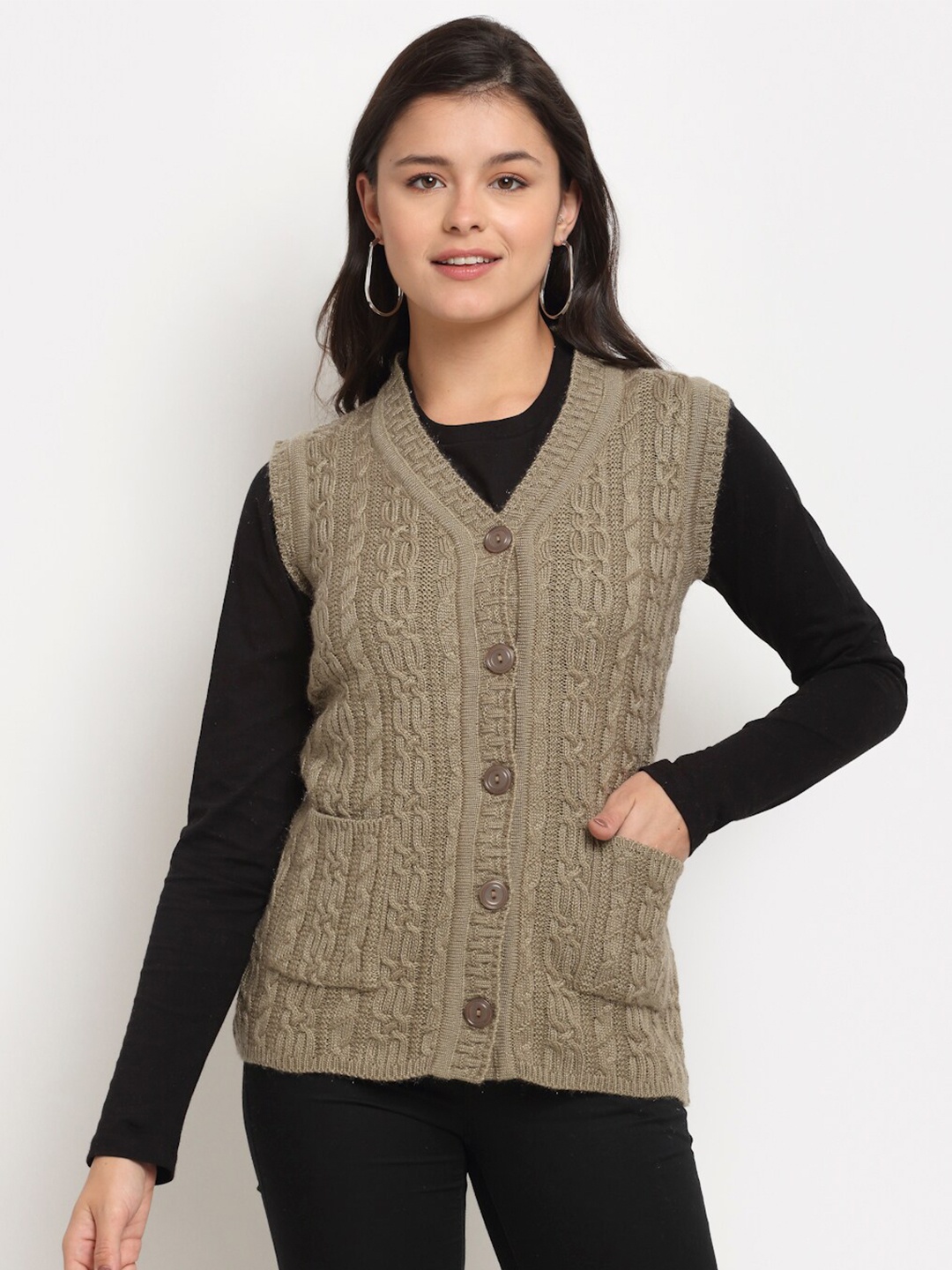 

PERFECT LINE Women Beige Cable Knit Sleeveless Cardigan