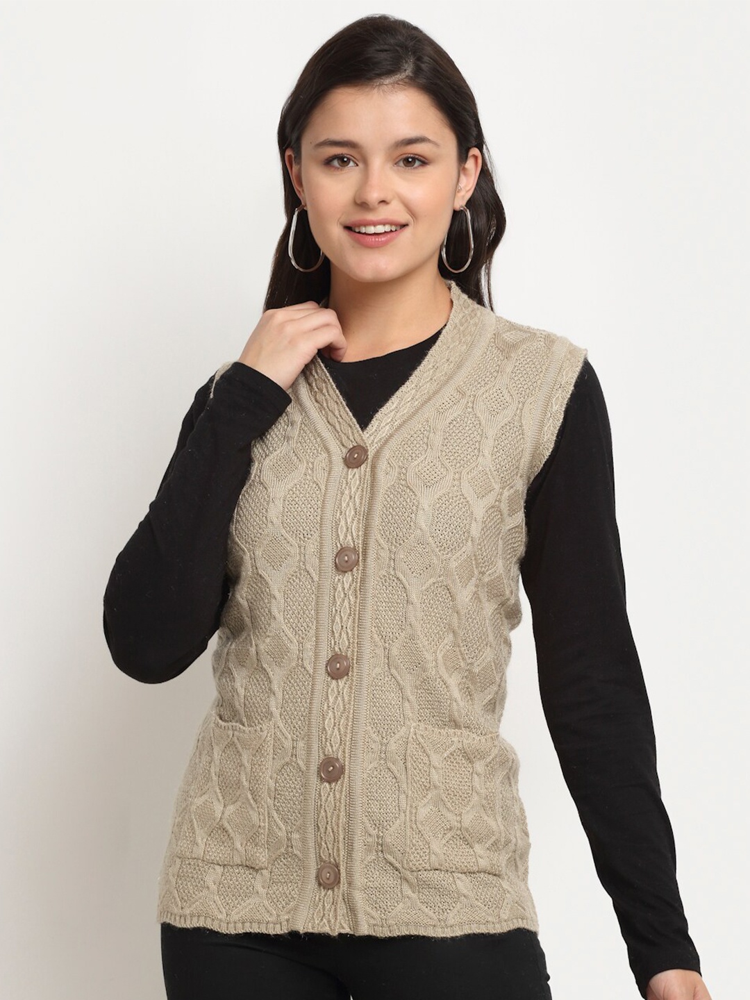 

PERFECT LINE Women Beige Cable Knit Acrylic Sweater Vest