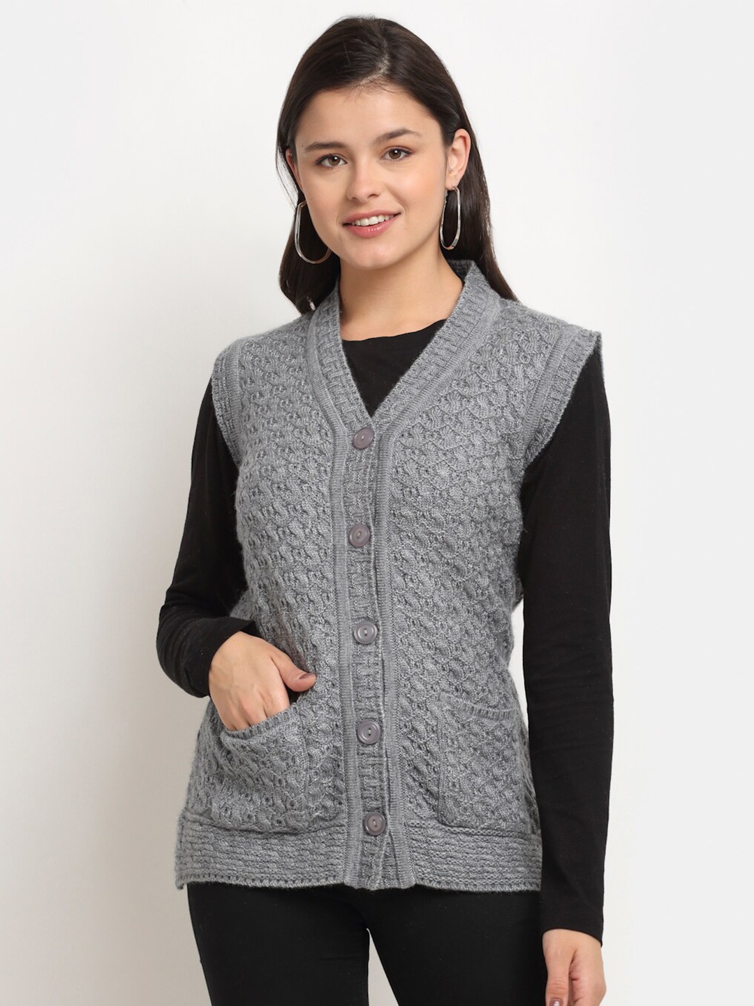 

PERFECT LINE Women Grey V-Neck Acrylic Sweater Vest