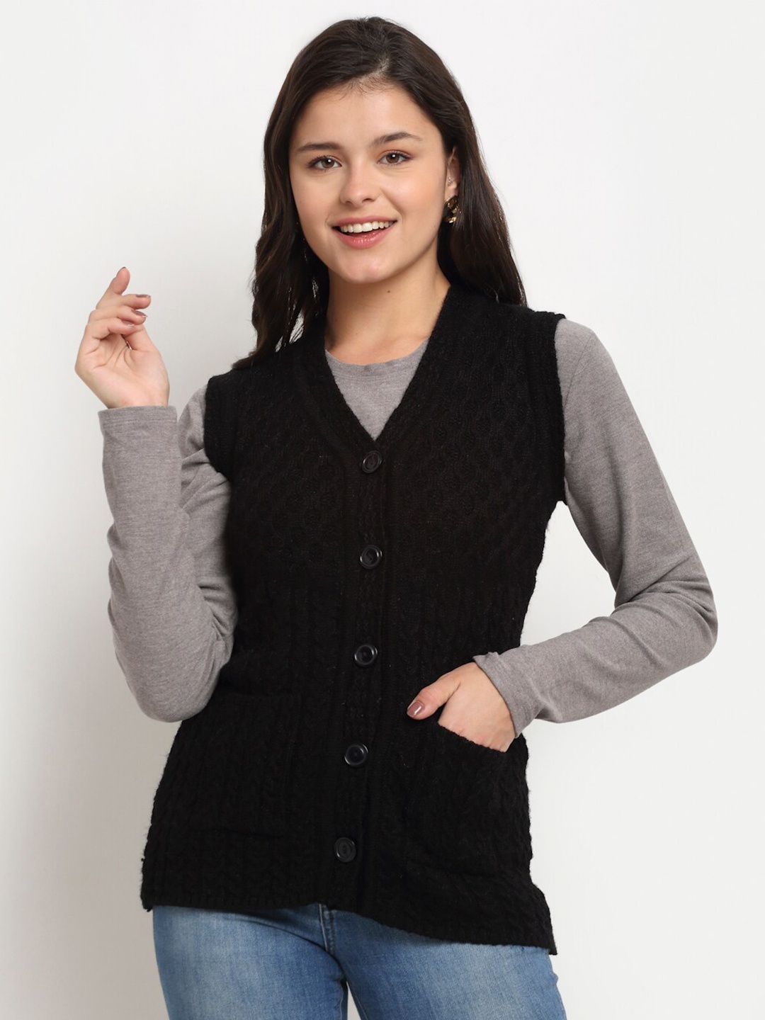 

PERFECT LINE Women Black Acrylic Sleeveless Sweater Vest