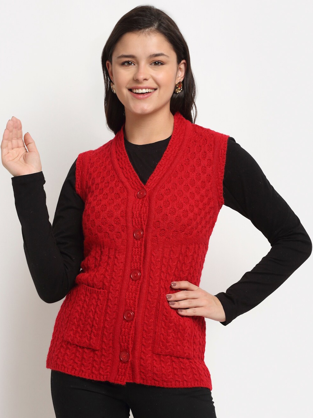 

PERFECT LINE Women Red Cable Knit Sleeveless Cardigan