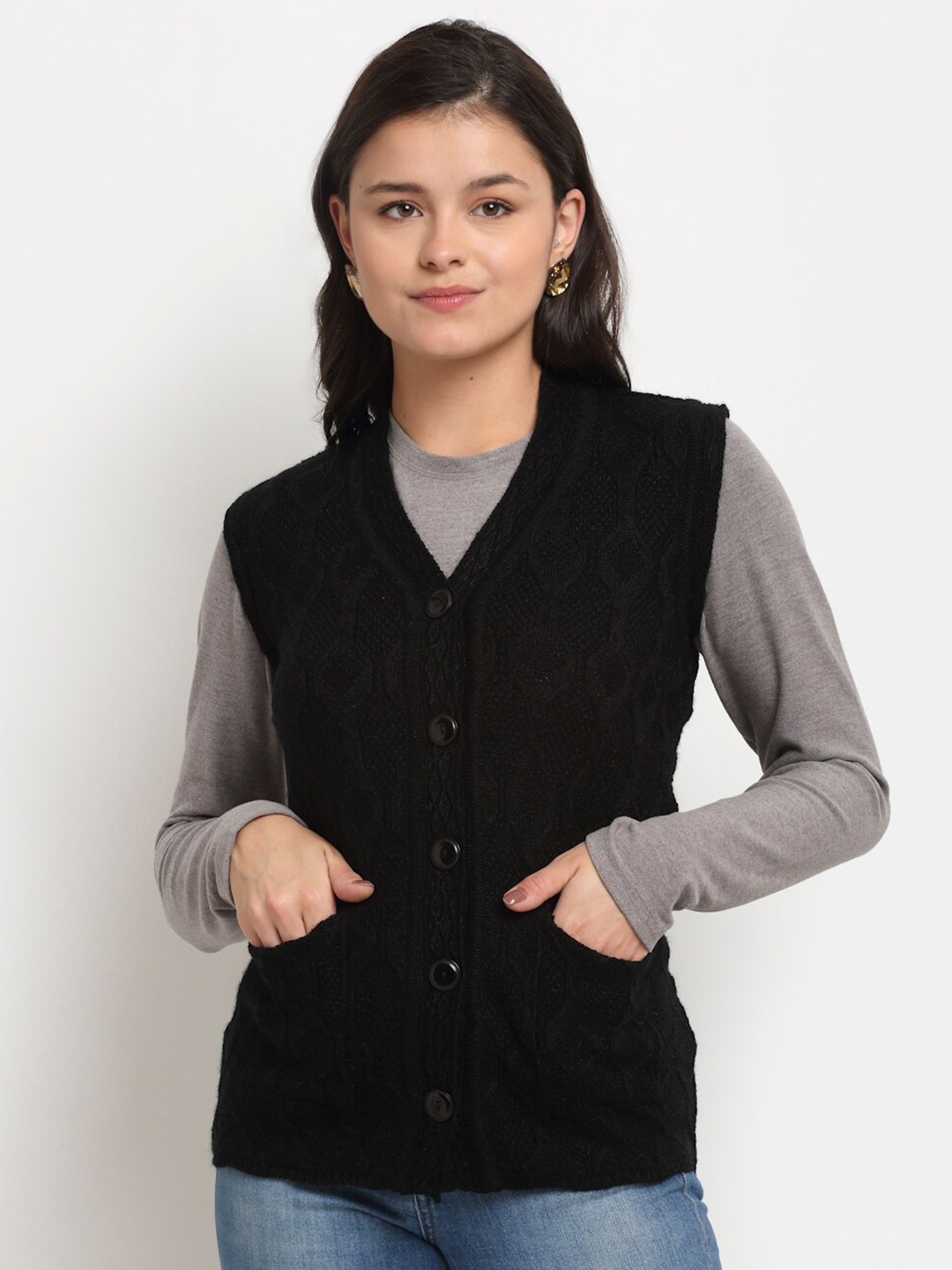 

PERFECT LINE Women Black Cable Knit Acrylic Cardigan