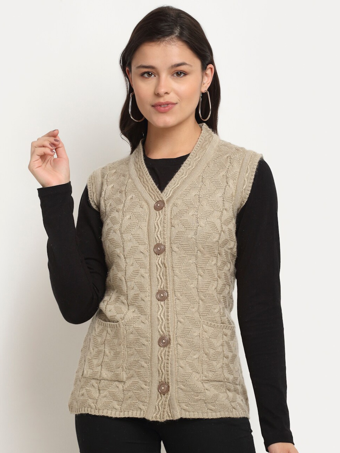 

PERFECT LINE Women Beige Cable Knit Acrylic Sweater Vest