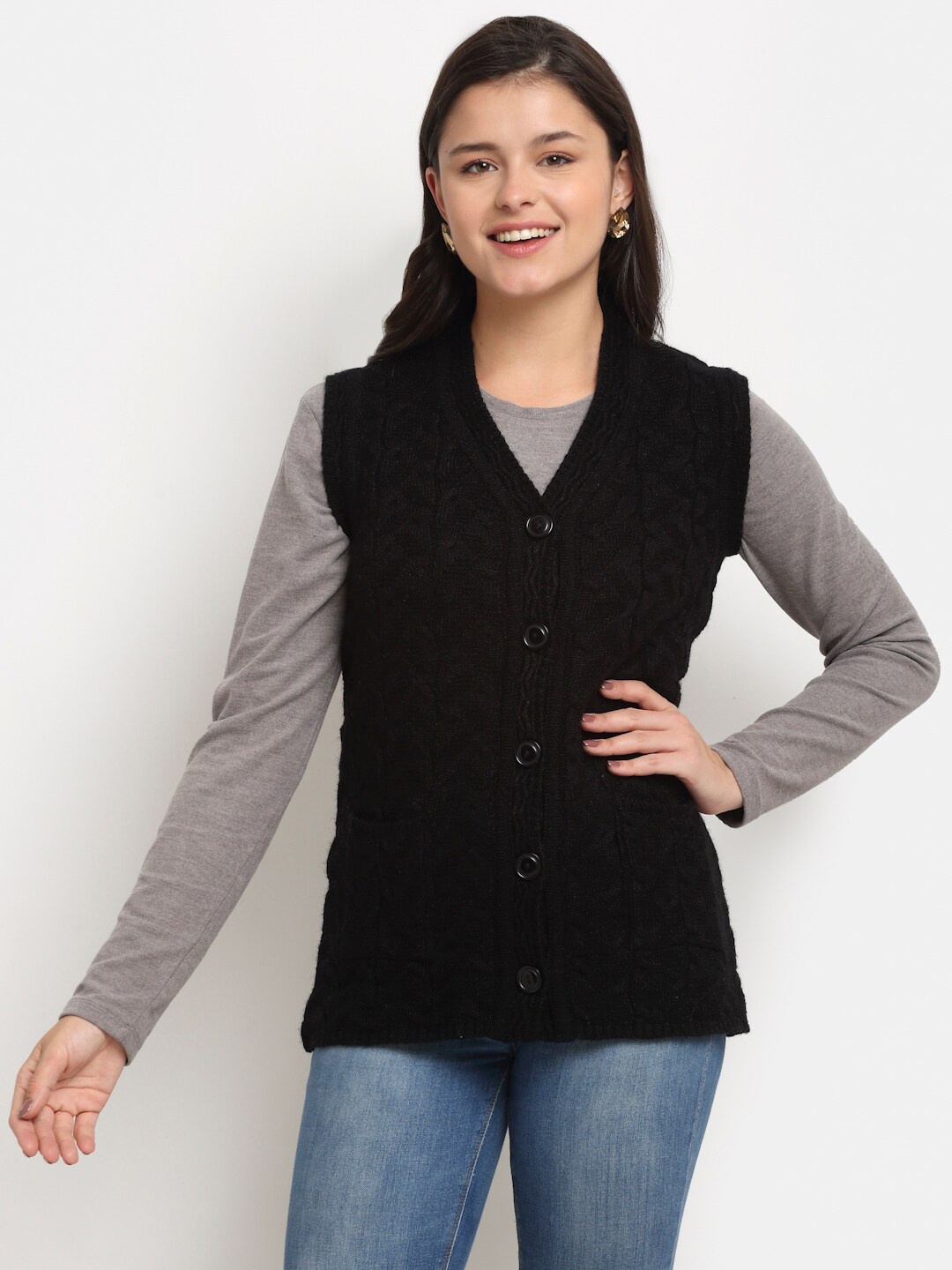 

PERFECT LINE Women Black Self Design Acrylic Sweater Vest