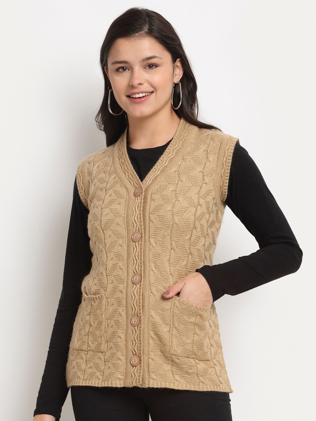 

PERFECT LINE Women Brown Cable Knit Acrylic Sweater Vest