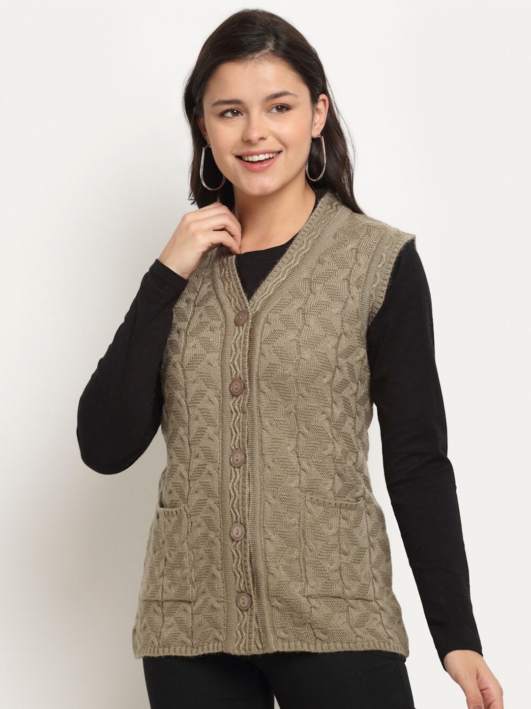 

PERFECT LINE Women Beige Cable Knit Acrylic Sweater Vest