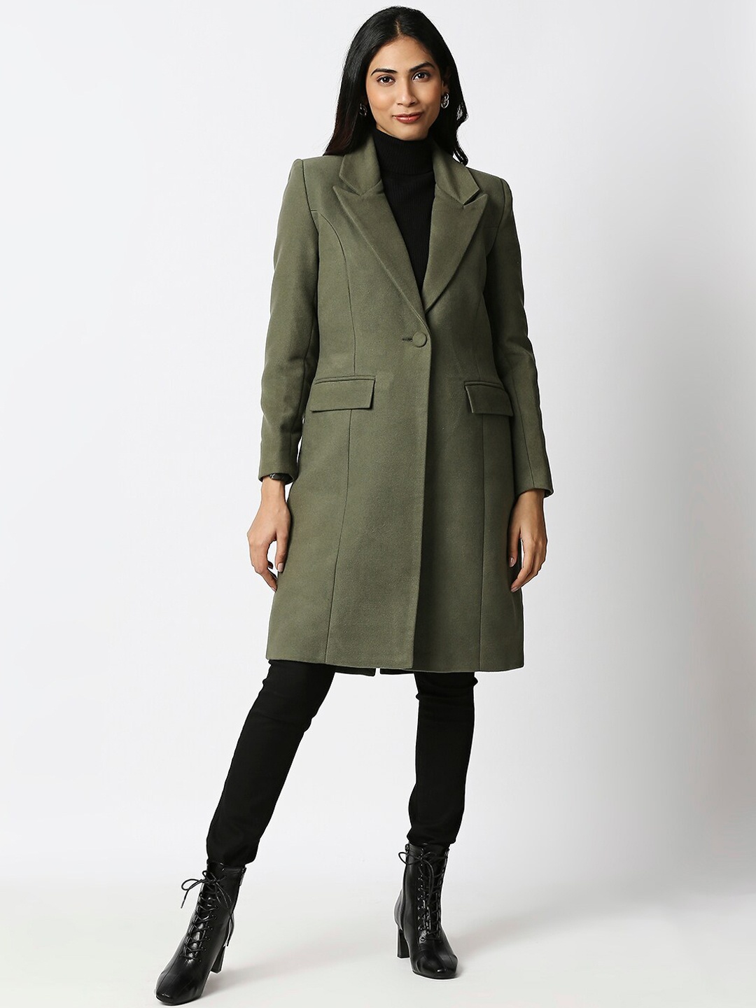 

20Dresses Women Green Solid Knee-Length Overcoat