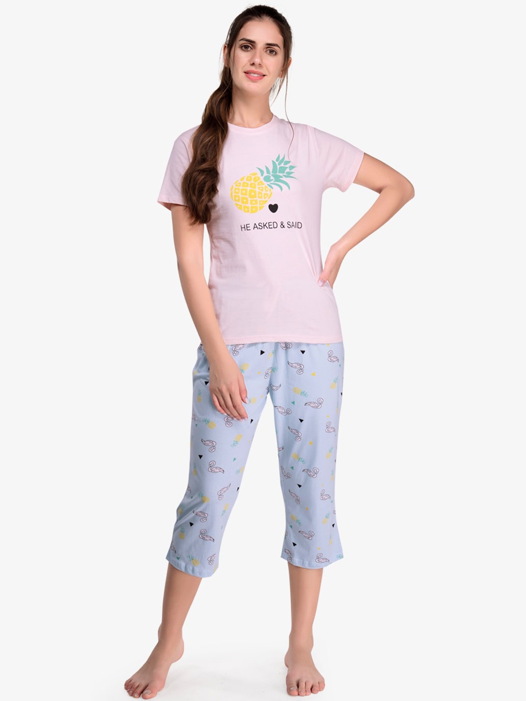 

evolove Women Pink & Blue Printed Pure Cotton Night suit