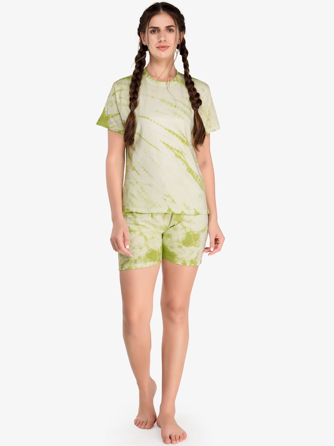 

evolove Women Green & White Tie & Dye Pure Cotton Night suit