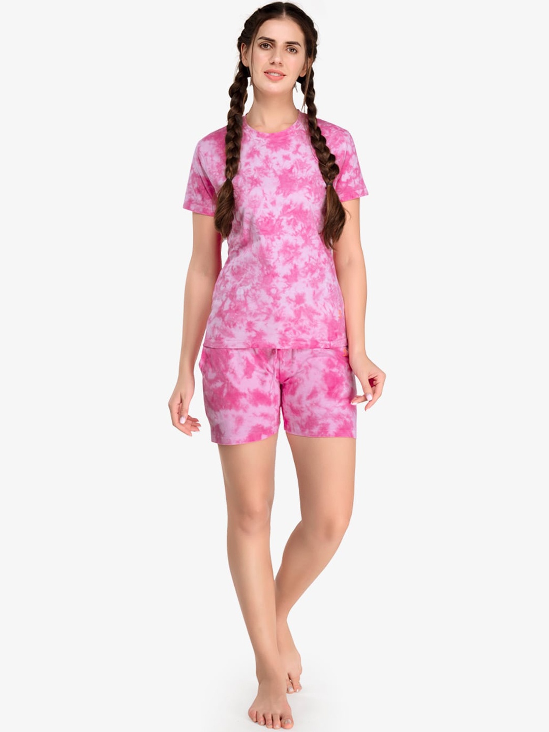

evolove Women Pink & Fuchsia Tie and Dye Printed Pure Cotton Night suit