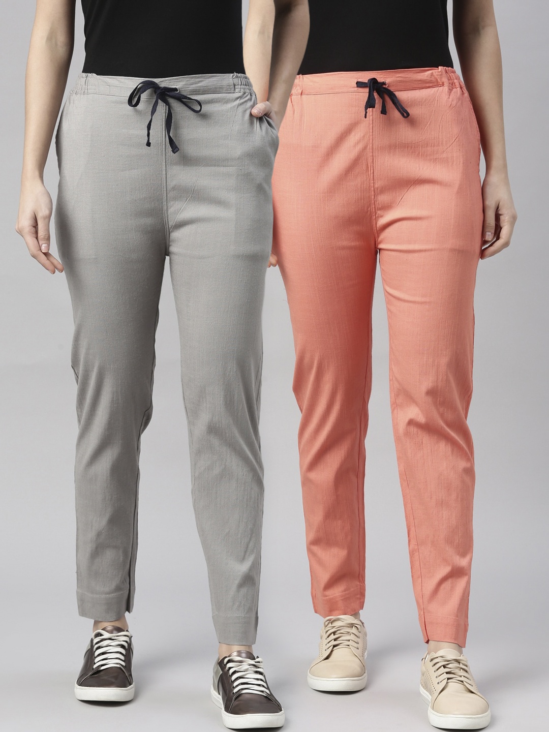 

Kryptic Women Pack Of 2 Grey & Peach-Coloured Trousers