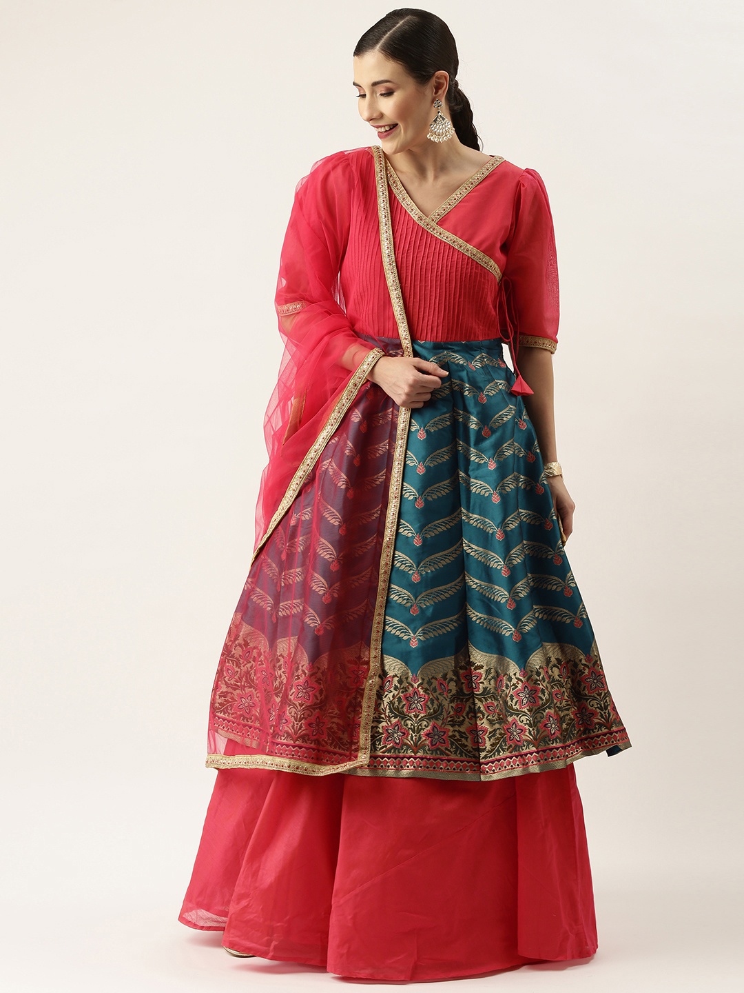 

Ethnovog Teal Blue Pink Made to Measure Lehenga Blouse With Dupatta