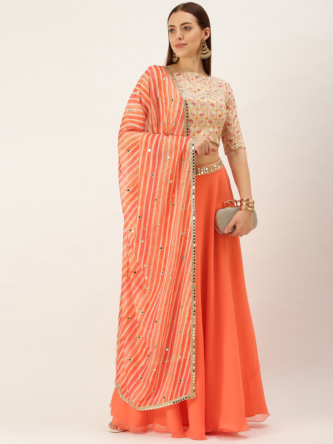 

Ethnovog Coral Orange Off White Made to Measure Lehenga Blouse With Dupatta