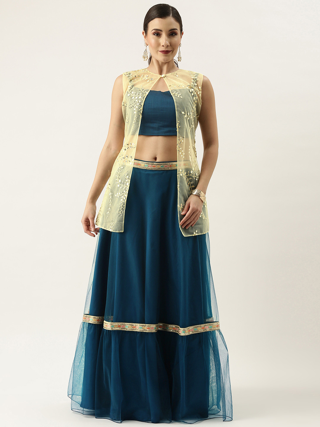 

Ethnovog Teal Green Made to Measure Lehenga Blouse With Jacket