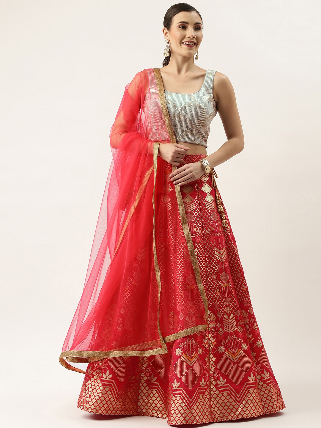 

Ethnovog Green Pink Embroidered Made to Measure Lehenga Blouse With Dupatta