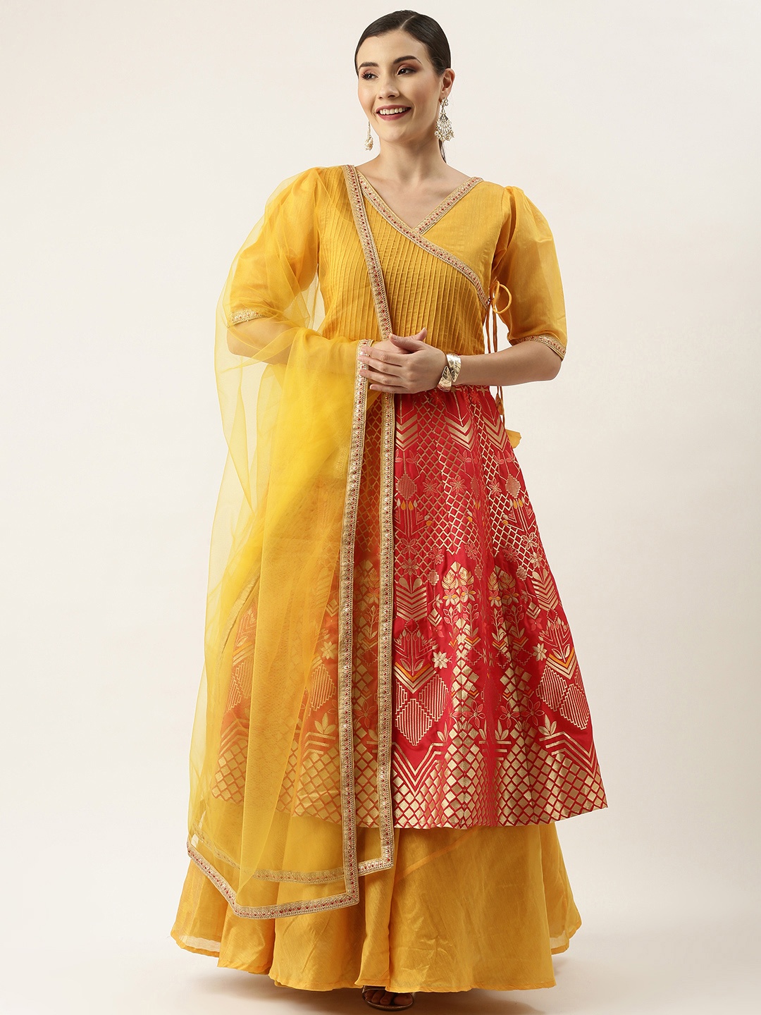 

Ethnovog Mustard Yellow Pink Made to Measure Lehenga Blouse With Dupatta