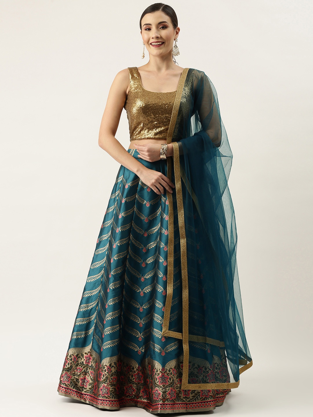 

Ethnovog Brown Teal Blue Embellished Made to Measure Lehenga Blouse With Dupatta
