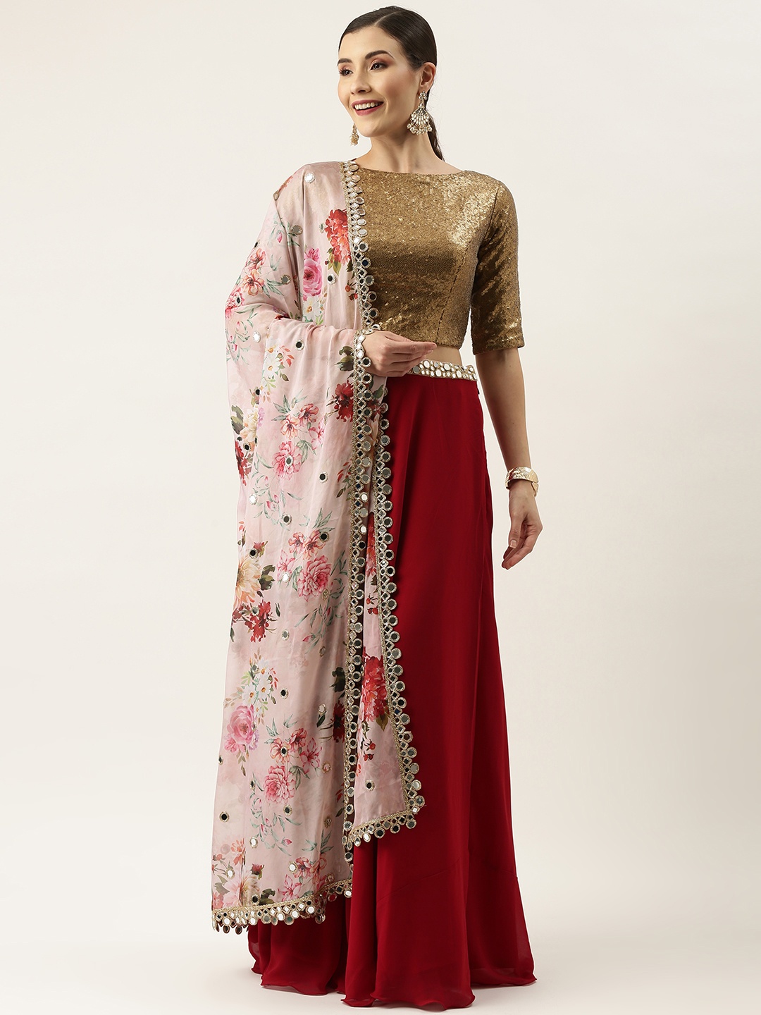 

Ethnovog Brown Maroon Embellished Made to Measure Lehenga Blouse With Dupatta