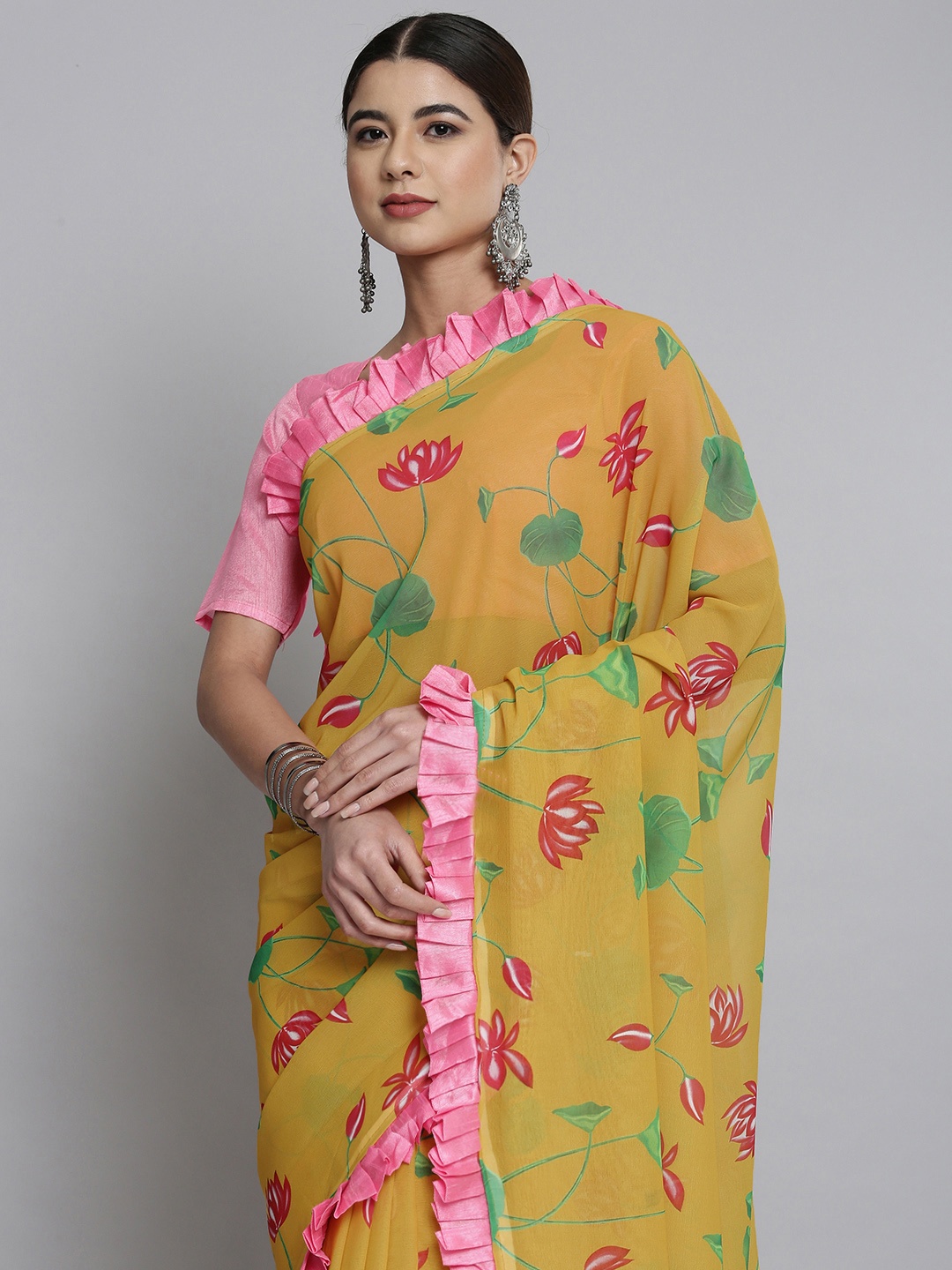

HERE&NOW Mustard Yellow & Pink Floral Pure Georgette Saree