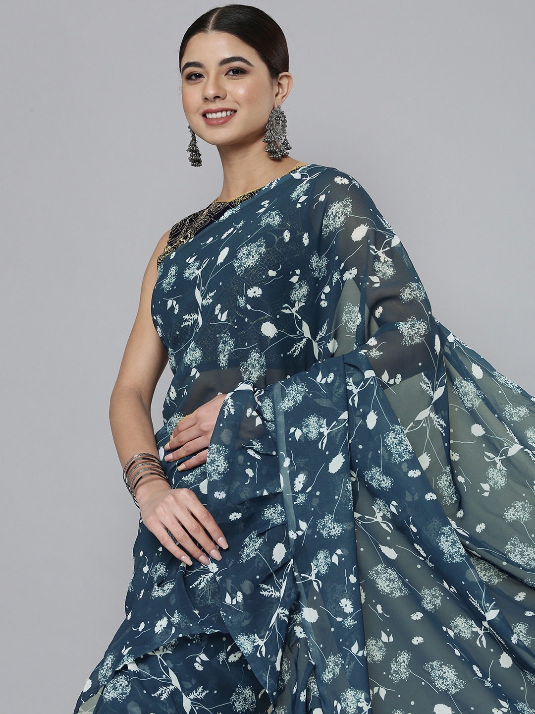 

HERE&NOW Blue & White Floral Pure Georgette Saree With Ruffle Detail
