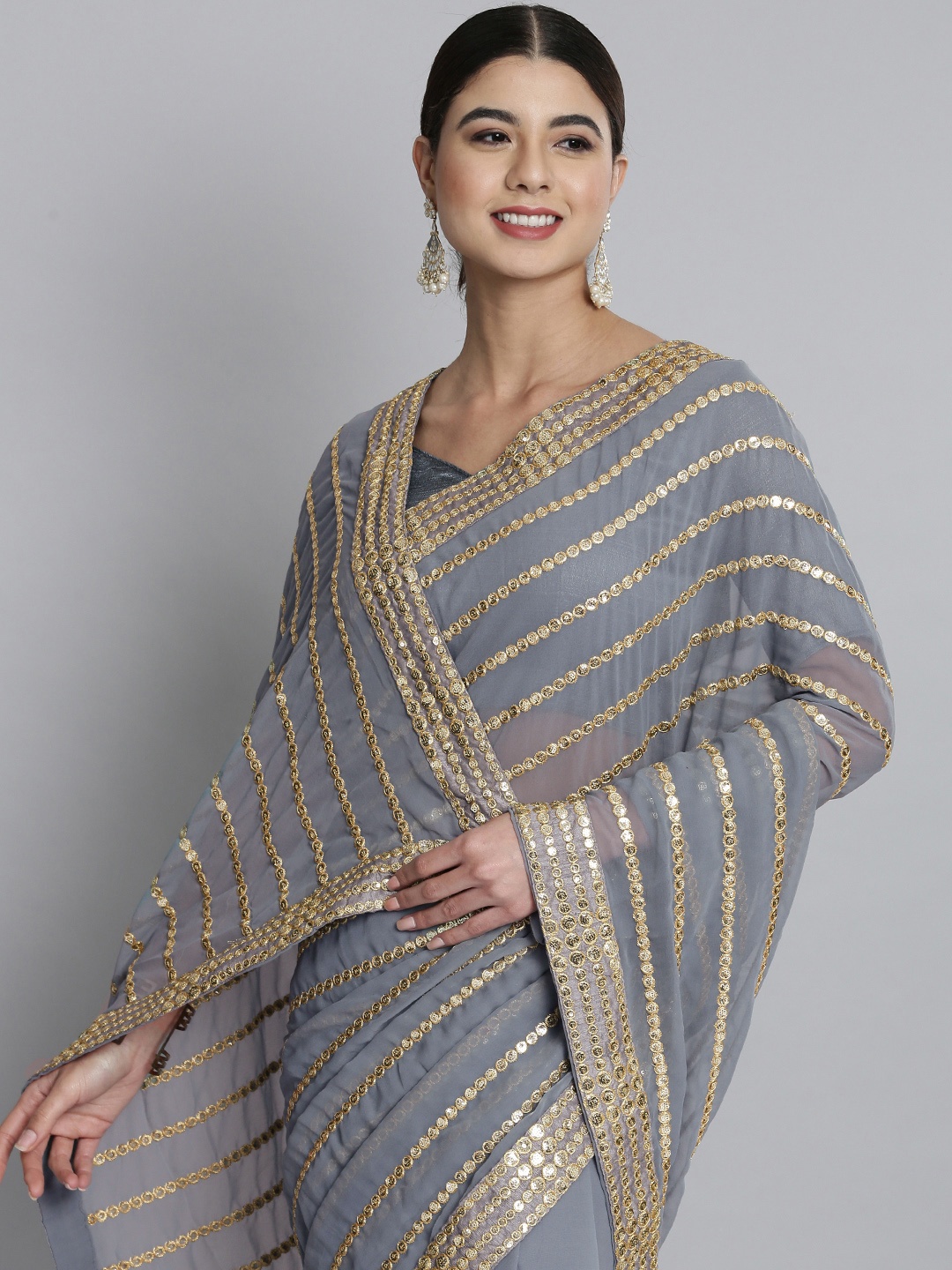 

HERE&NOW Grey Striped Sequinned Pure Georgette Saree