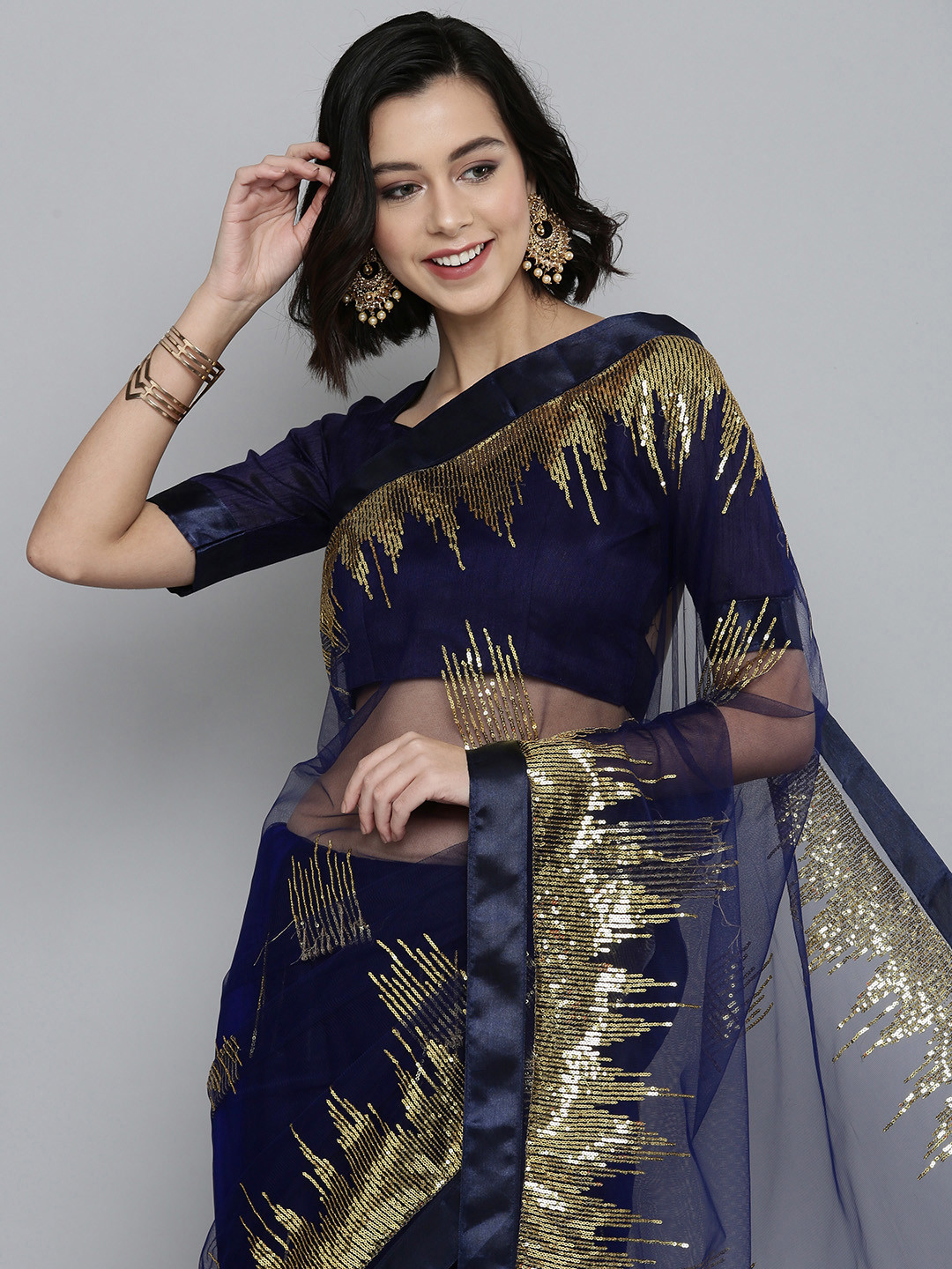 

HERE&NOW Navy Blue & Golden Sequinned Net Saree