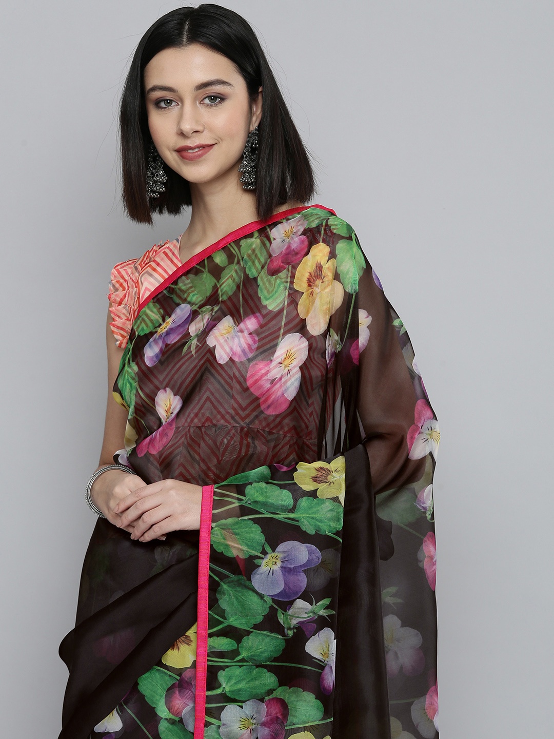 

HERE&NOW Black Organza Floral Print Saree