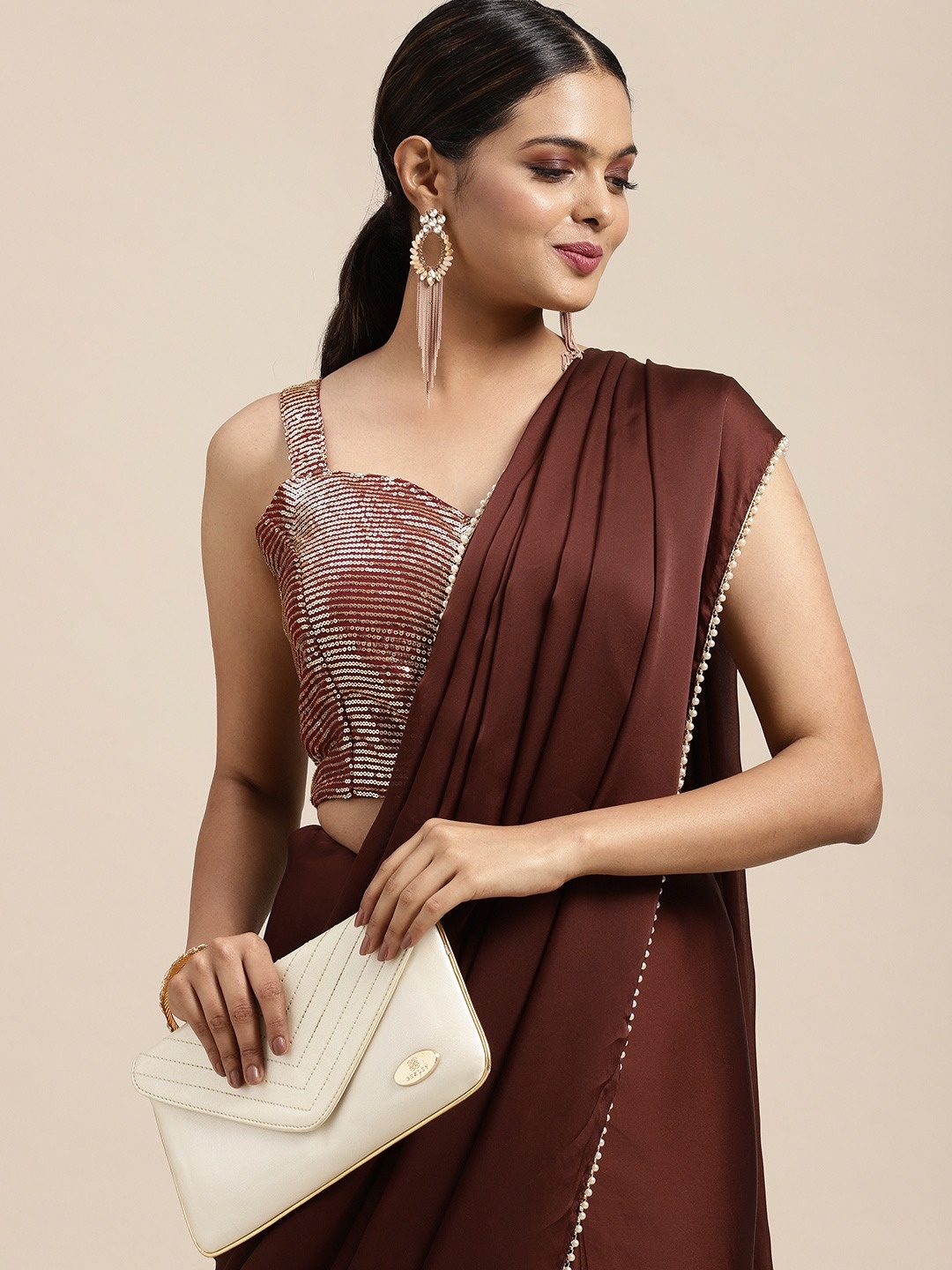 

HERE&NOW Brown Dyed Pearl Embellished Satin Saree