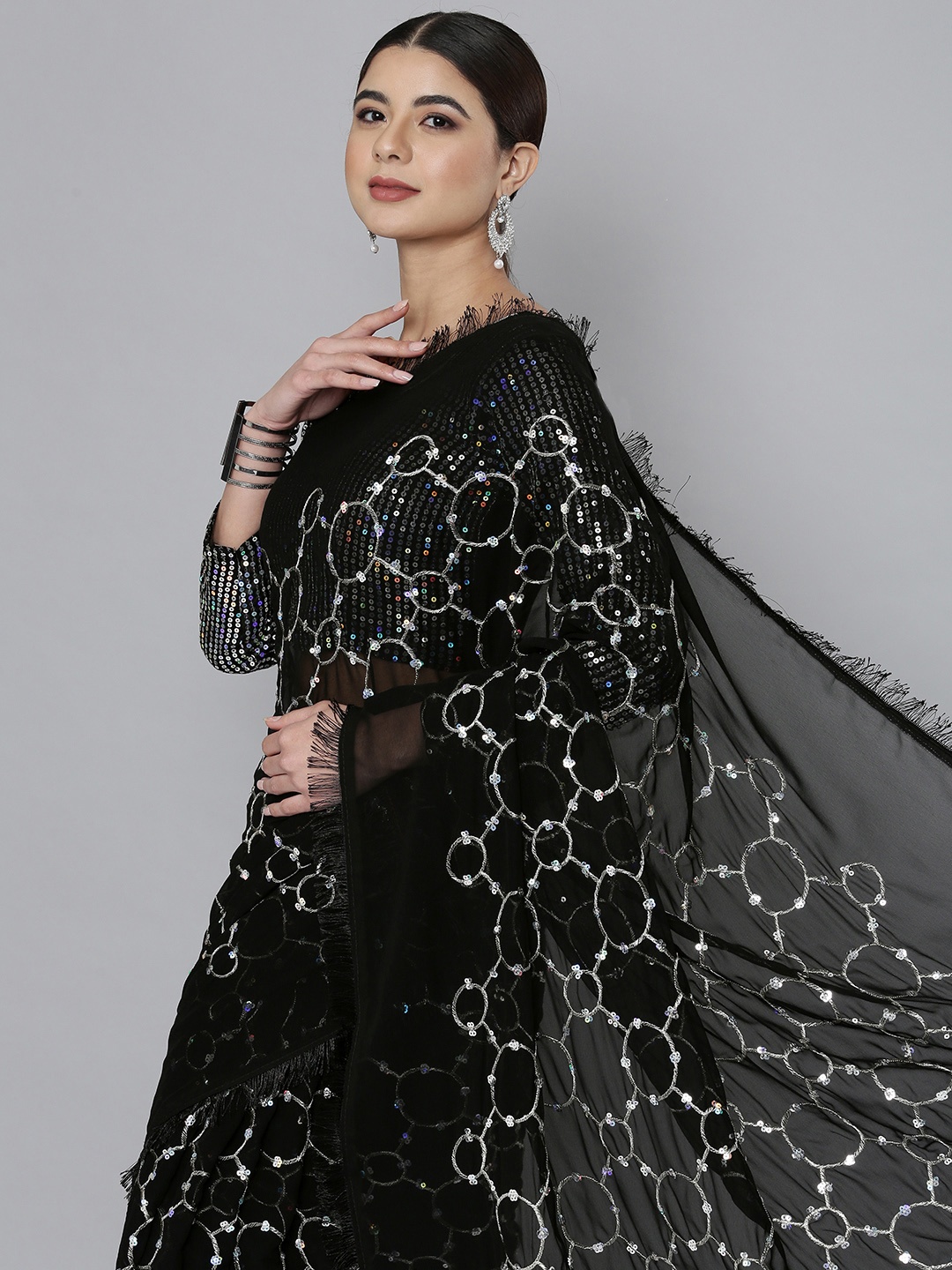 

HERE&NOW Black Sequinned Pure Georgette Saree