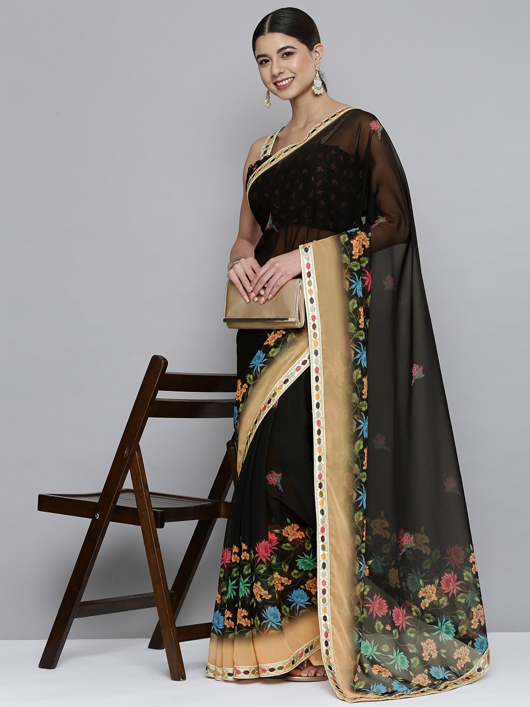 HERE&NOW Black & Cream-Coloured Floral Pure Georgette Saree