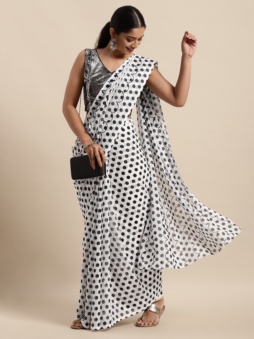 

HERE&NOW Black & White Polka Dot Printed Pure Georgette Saree