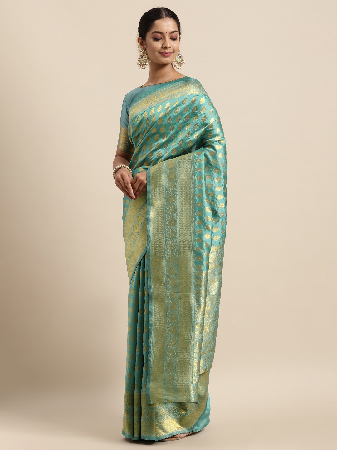 

HERE&NOW Blue & Gold-Toned Woven Design Zari Silk Blend Banarasi Saree