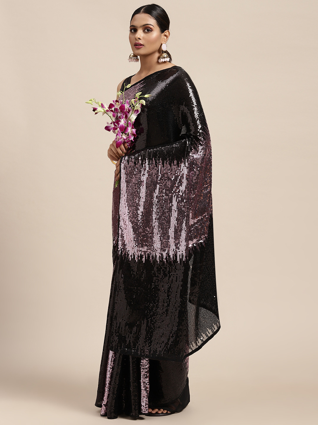 

HERE&NOW Purple & Black Sequinned Embellished Pure Georgette Saree