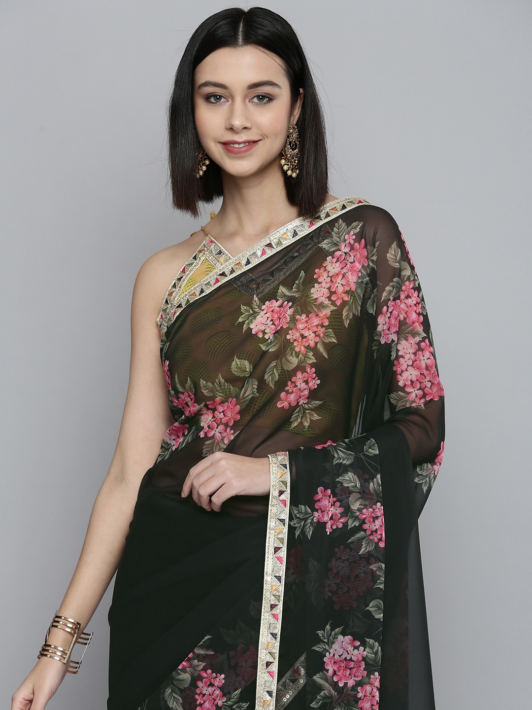 

HERE&NOW Black & Pink Floral Print Satin Saree