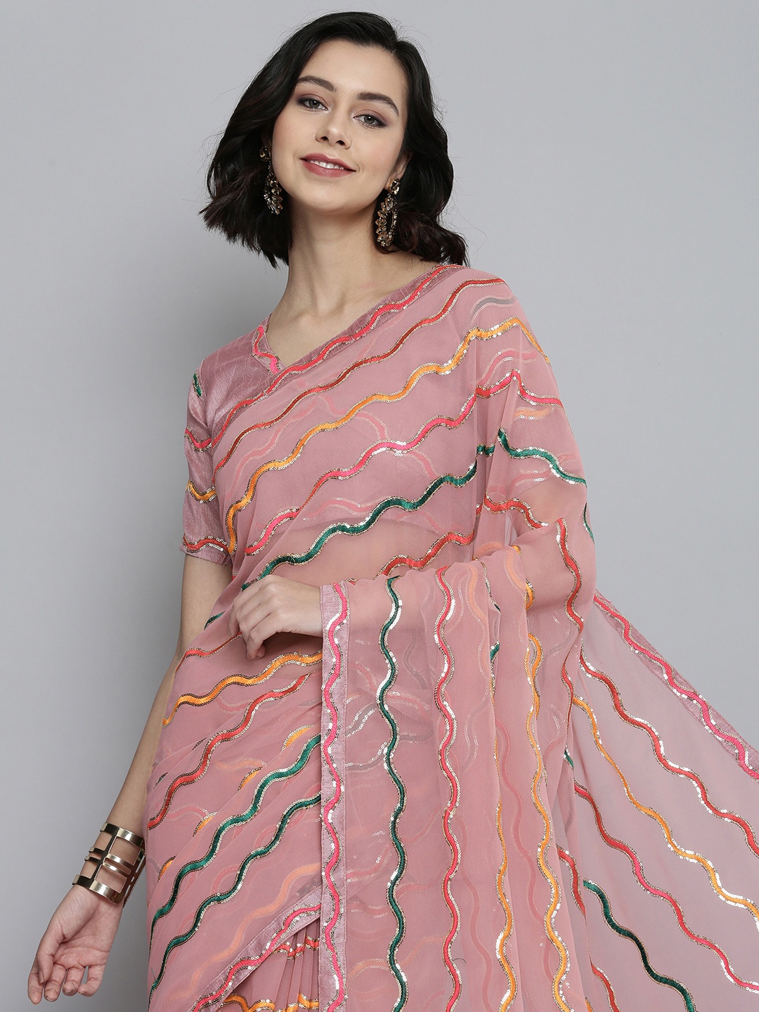 

HERE&NOW Pink Striped Sequinned Pure Georgette Saree