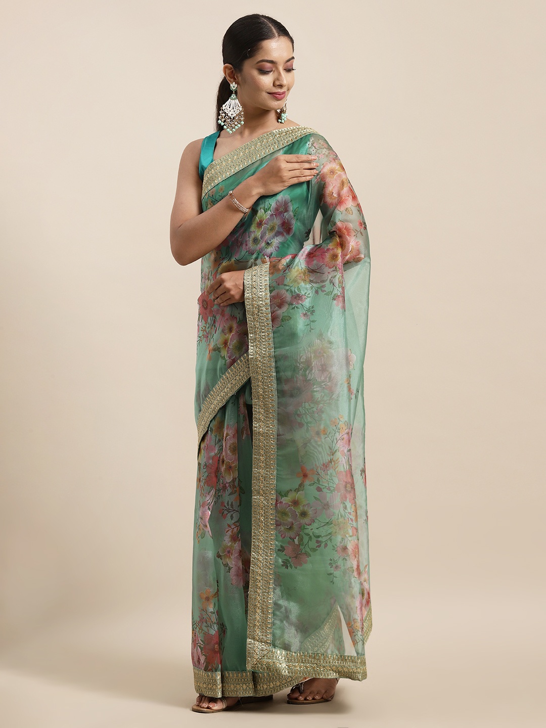 

HERE&NOW Turquoise Blue Floral Printed Sequinned Organza Saree