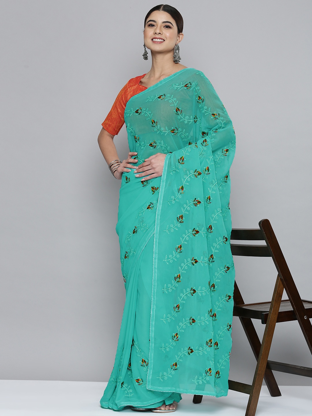 

HERE&NOW Blue Ethnic Motifs Embroidered Pure Georgette Saree