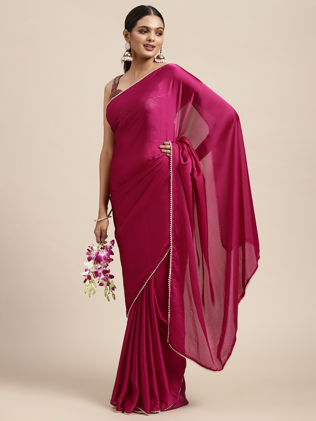 

HERE&NOW Burgundy Dyed Pearl Embellished Satin Saree