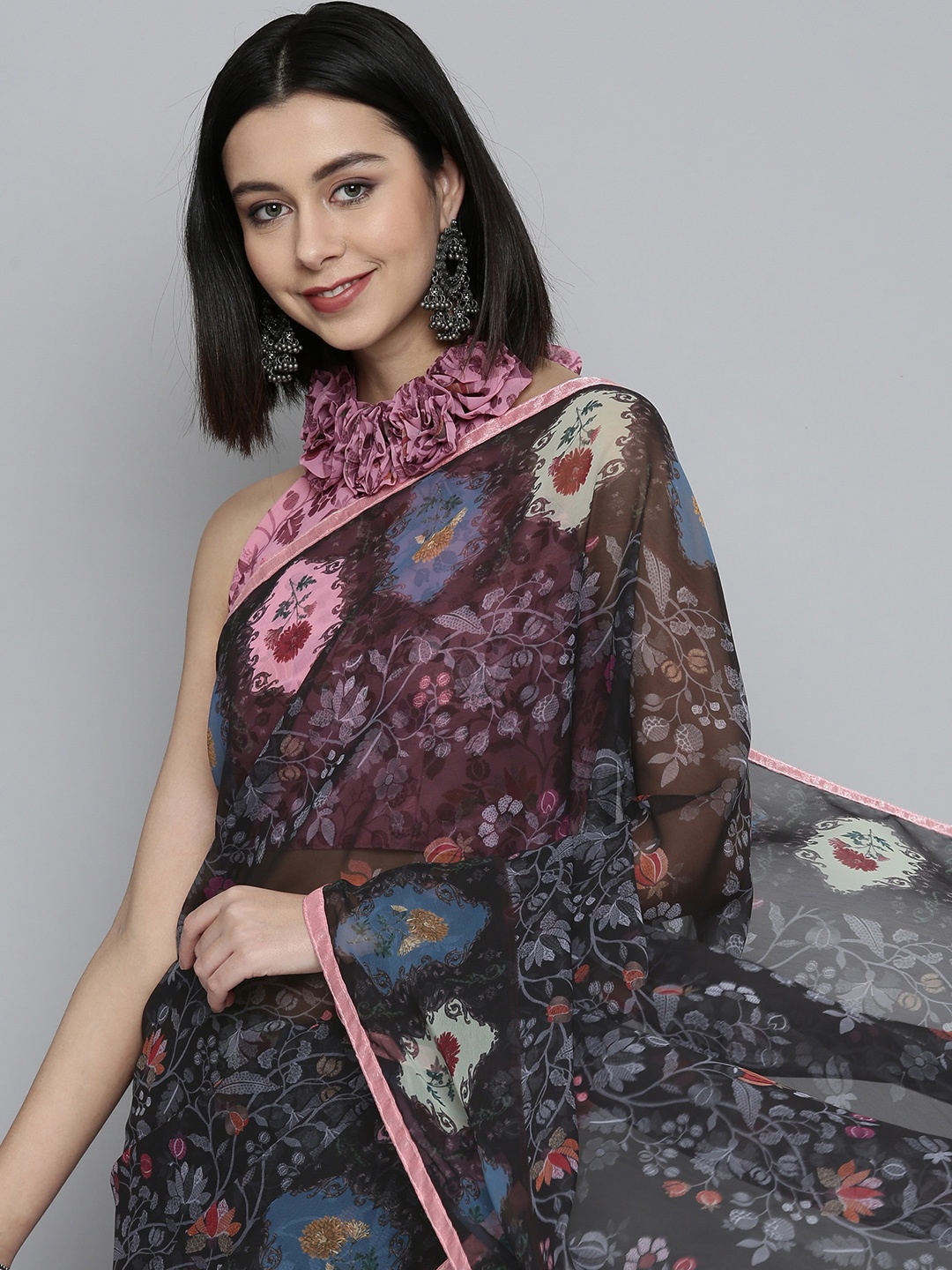 

HERE&NOW Black & Blue Printed Pure Georgette Saree
