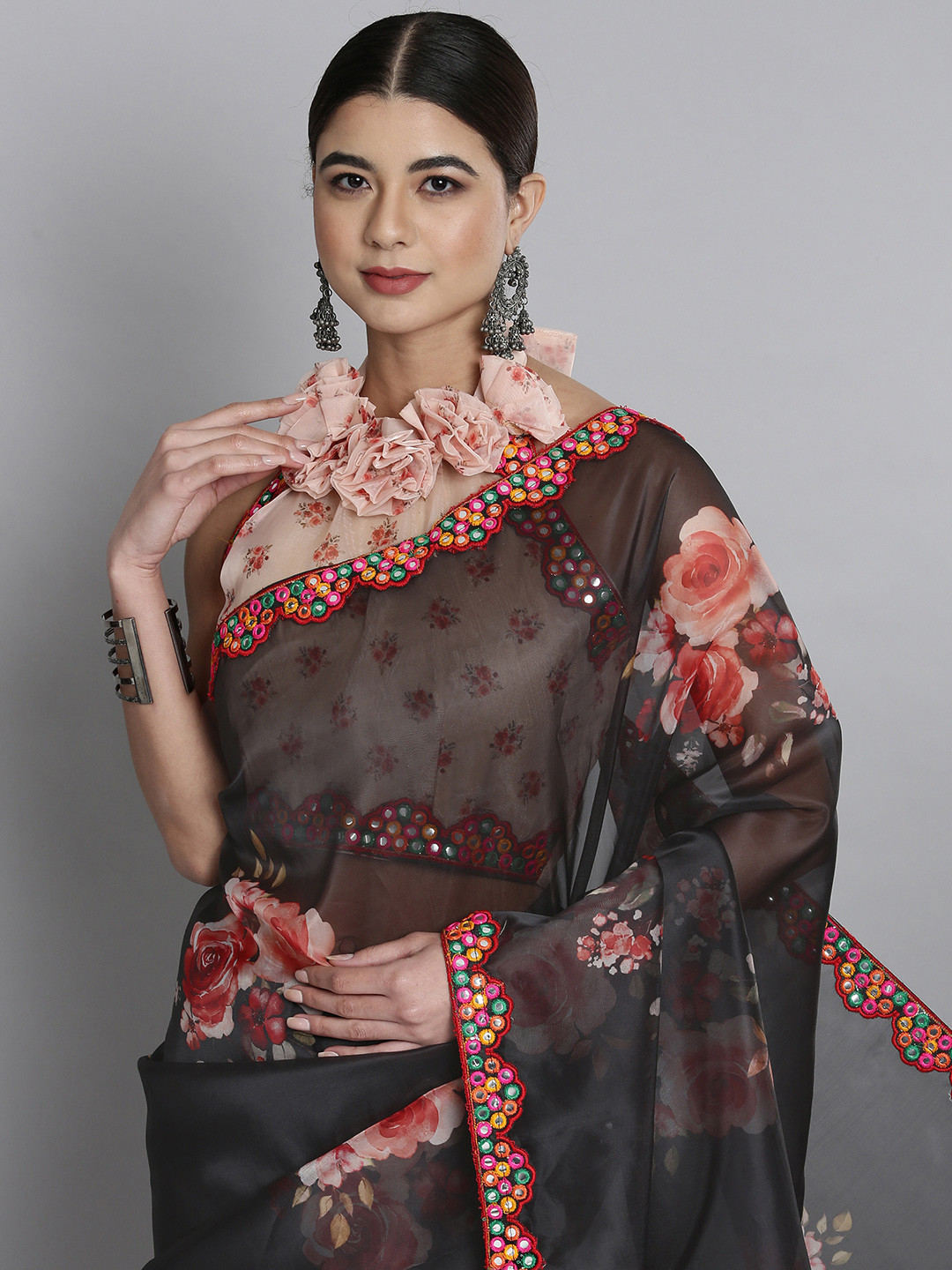 

HERE&NOW Black & Pink Floral Mirror Work Organza Saree
