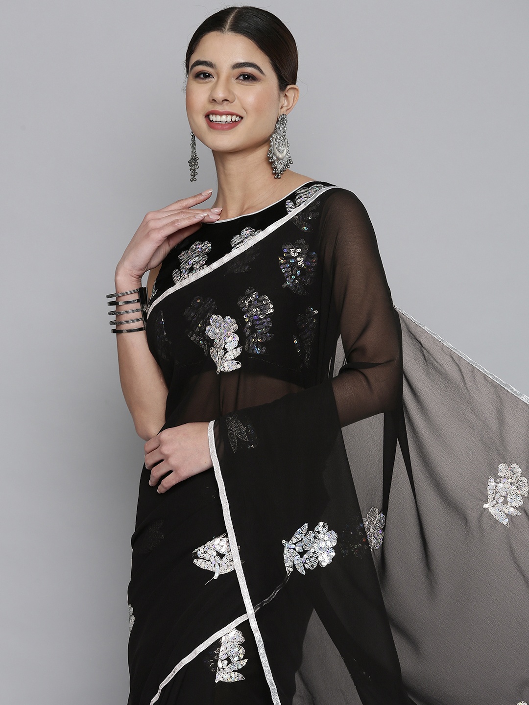 

HERE&NOW Black Floral Sequinned Pure Georgette Saree