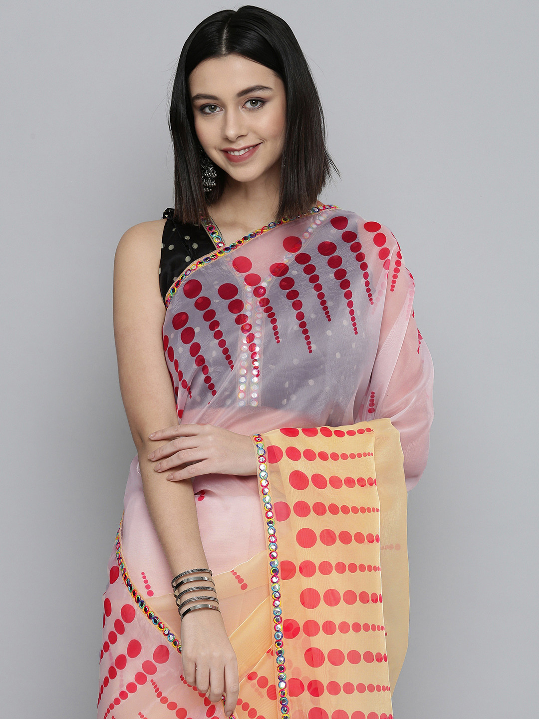 

HERE&NOW Yellow & Red Mirror Work Organza Saree
